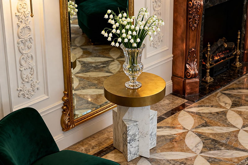 Copper-Top Geometric Marble Corner Table