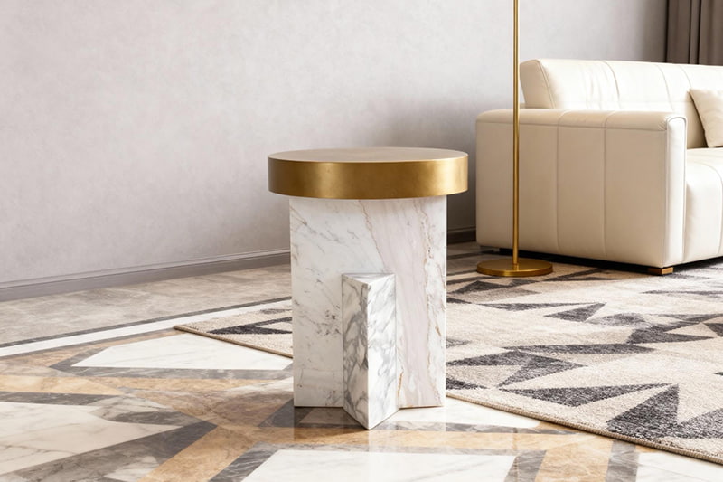 Copper-Top Geometric Marble Corner Table
